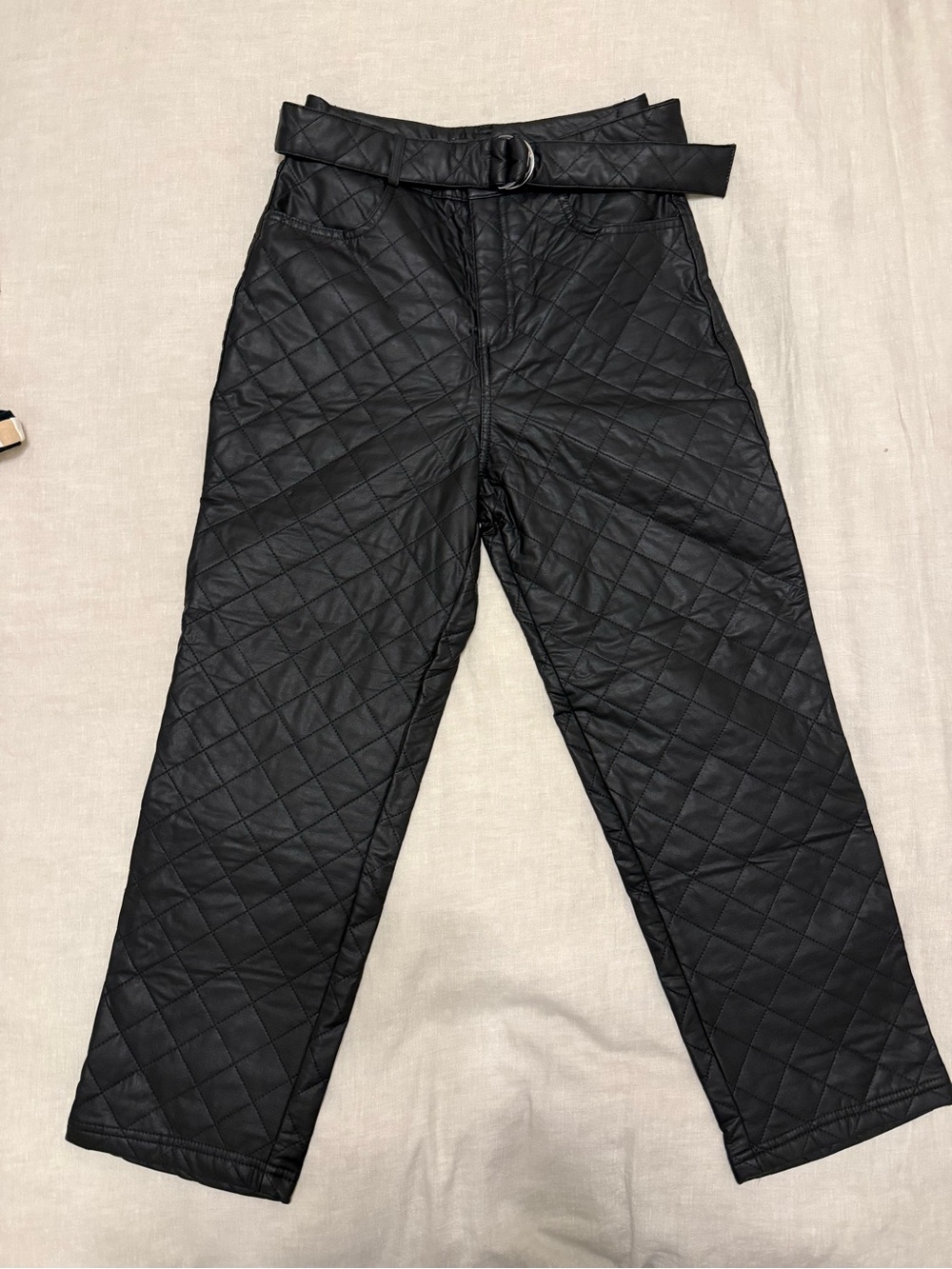 Zara Black Faux Leather Quilted Straight-Leg Pants with D-Ring Waist